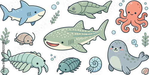 Foto Cute Pastel Sea Creatures Set with Shark Whale Shark Octopus Turtle Seal Trilobi