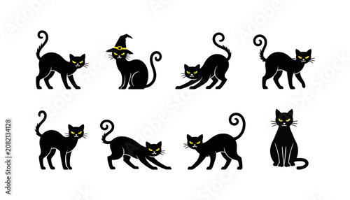 Fotografie Black cat vector icons set, flat cartoon silhouettes with yellow eyes for Hallow