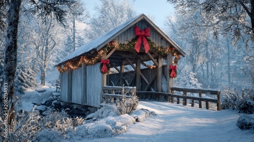 A snow-covered covered bridge in a picturesque setting, decorated with garlands and large red bows,