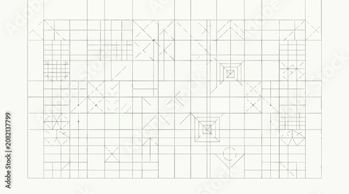 Abstract Minimalist Geometric Line Art Pattern with Architectural Blueprint Grid Elements on a Clean White Background