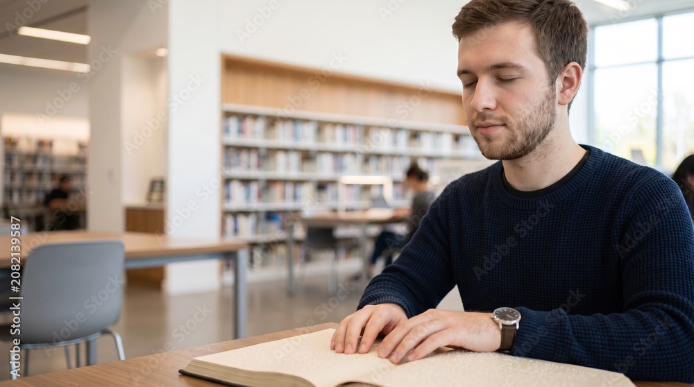 Obraz premium A young blind man sits at a table in a library. Person with disability with his eyes closed reads a book with Braille. 