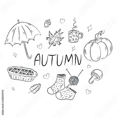Cozy Autumn Hand Drawn Doodle Elements Set. Fall Outline Vector Collection with Pumpkin, Umbrella, Pie, Coffee Cup, Maple Leaf, Mushroom, Socks and Acorn
