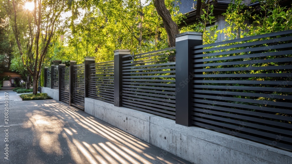 Naklejka premium Modern black horizontal slat metal fence with a concrete base in a residential garden