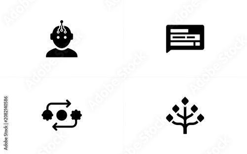 Four Flat Icons Featuring A Cyborg List Network And Tree