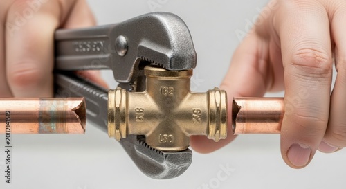 Plumbing work with wrench tightening copper pipes and fittings connecting two sections. Plumbing connection involves precise adjustments with adjustable wrench for efficient sealing.