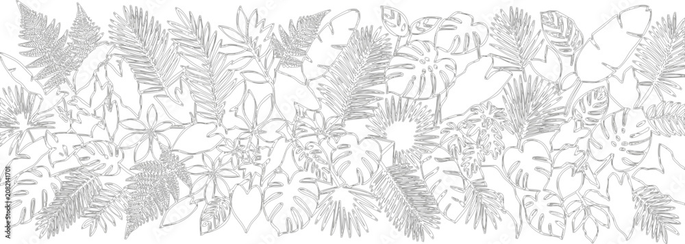 Fototapeta premium Tropical leaf border, gray line art, foliage frame, vector illustration