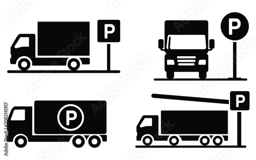 Schilderij op canvas Black and white vector icon set showing various delivery trucks parked near des