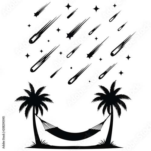 Palm trees vector silhouette illustration with hammock, shooting stars line art.