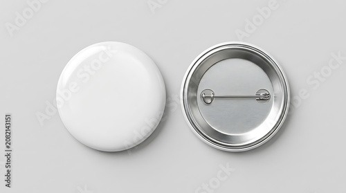 Two blank white round pin badges one closed one open