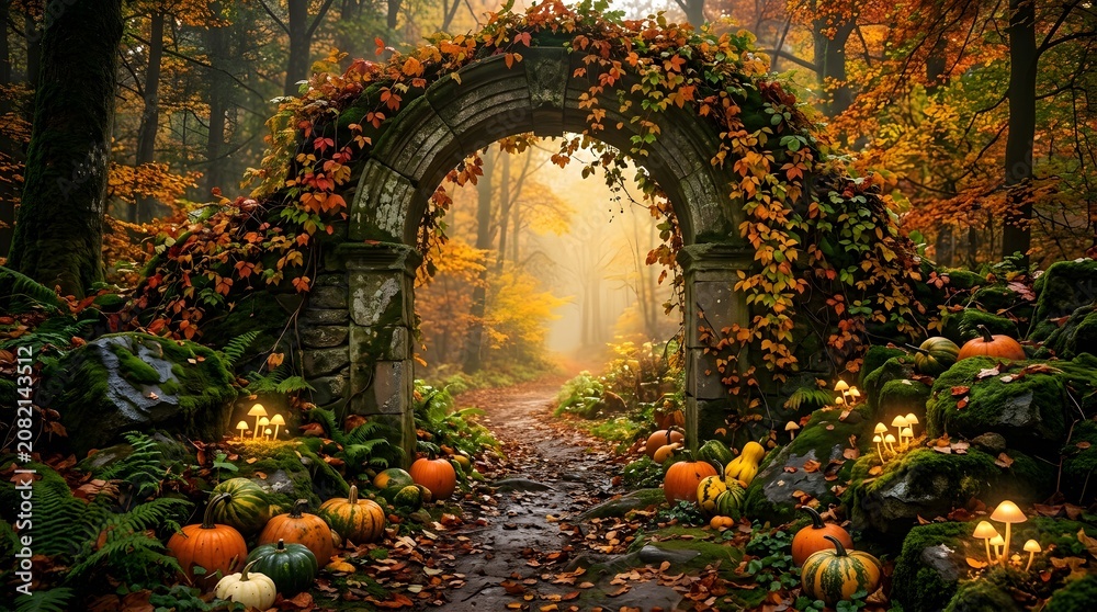 Fototapeta premium Stone archway covered in autumn vines with pumpkins in a misty forest setting