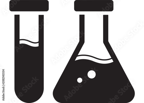 Tableau sur toile Erlenmeyer Flask and Test Tube with Liquid and Bubbles, Scientific Laboratory Eq