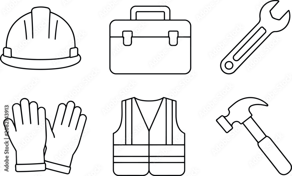 Fototapeta premium Set of construction worker tools and safety equipment icons in simple black line art style
