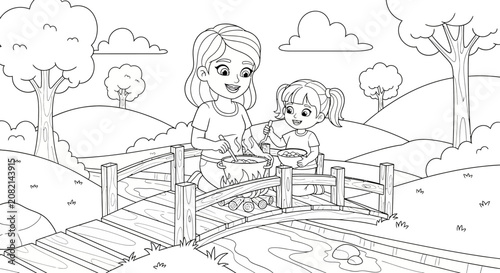 Two children sitting on a wooden bridge with a dog.
