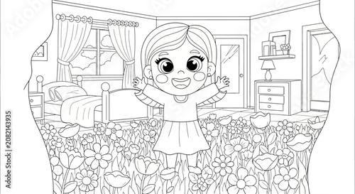 Cartoon girl in messy bedroom illustration.