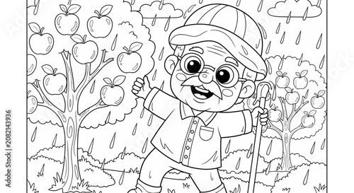 Cartoon old man picking apples in the rain.