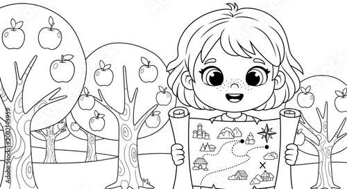 Cartoon girl holding a map with apple trees.