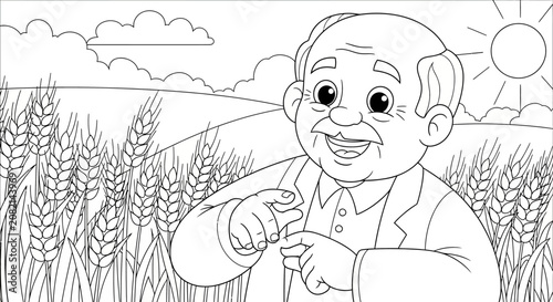 Elderly man pointing in wheat field illustration.