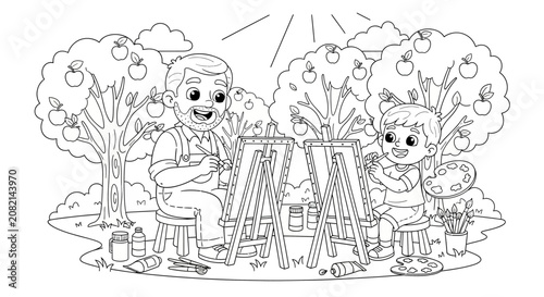 Children painting together in a sunny orchard scene.