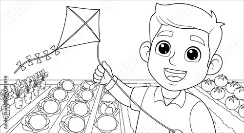 Happy boy flying kite in garden illustration.