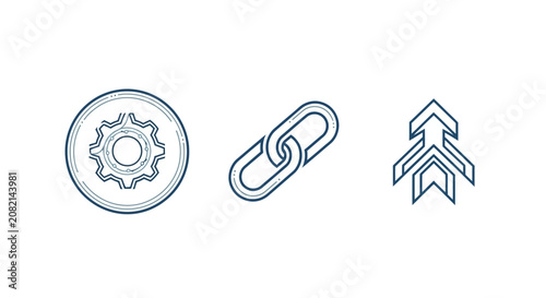 Gear chain and arrow icons set in black and white.