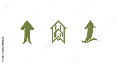 Three green upward arrows and house icon set.