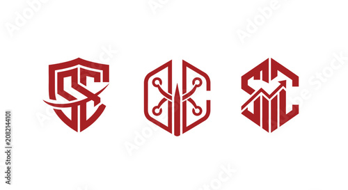 Three Red Geometric Shield Logos with Letters.