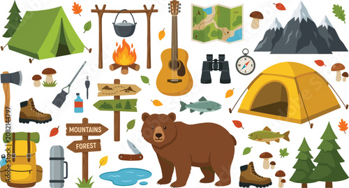 Bild auf Leinwand Camping and outdoor adventure vector collection featuring tents grizzly bear cam