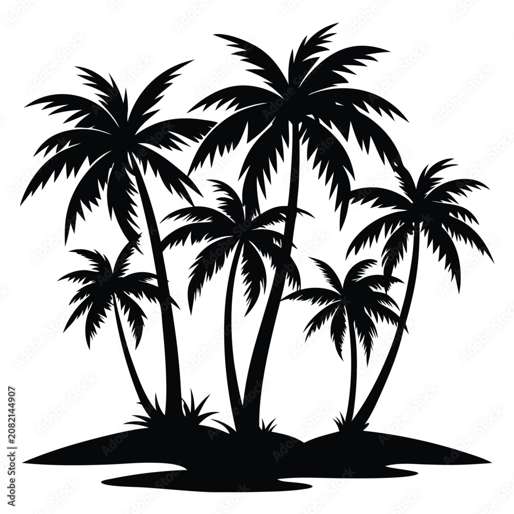 Fototapeta premium Black silhouette of tropical palm trees against white background