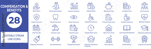 Compensation and Benefits Vector Outline Icons Set – Employee Benefits, HR, Payroll, Insurance and Workplace Line Symbols Collection