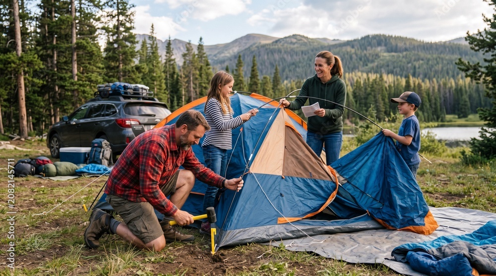 Fototapeta premium A family works together to set up a tent in a picturesque campsite surrounded by pine trees and mountains, embodying the spirit of outdoor adventure and bonding.