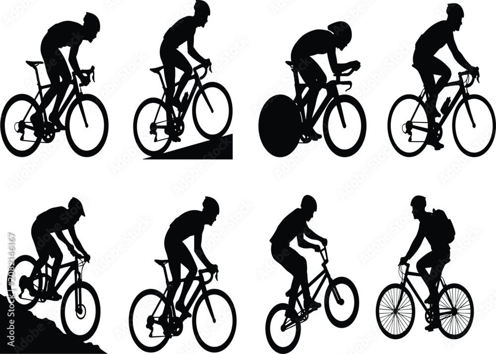 Obraz premium Cycling and Mountain Bike Rider Silhouette Collection with Road Racing and Outdoor Adventure