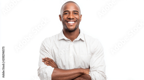Businessman wearing a white shirt smiles confidently while posing for the.