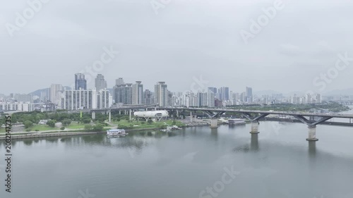 Aerial Drone View of Han River Landscape and Cityscape near Jayang Station in Seoul, South Korea