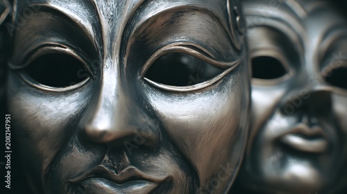 Two metallic masks with dark hollow eyes and expressive faces.