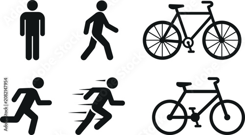 Cuadro en lienzo Active mobility silhouette vector icon set with walking running man and bicycle