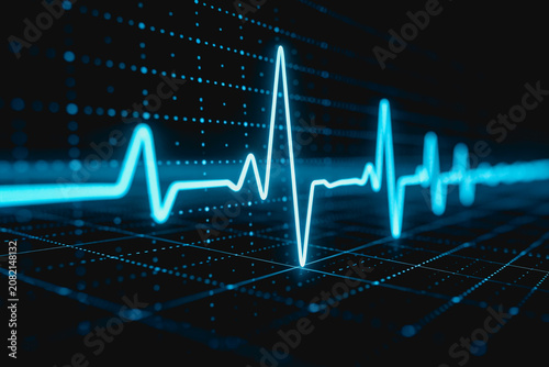A glowing blue cardiac waveform is displayed over a futuristic digital grid, representing medical monitoring and vital sign data.