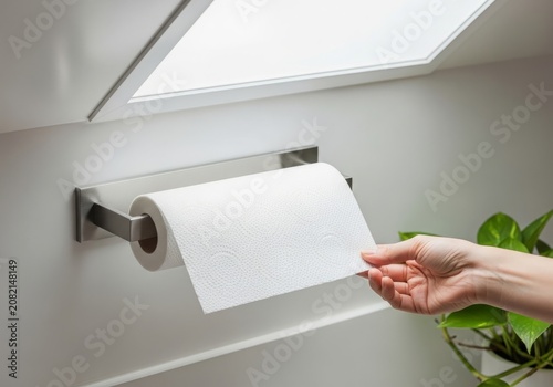 Woman pulling paper towel from wall-mounted holder in modern kitchen with soft light