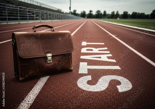 Leather Briefcase at START Line on Running Track: Symbolizing Business Journey and New Opportunities