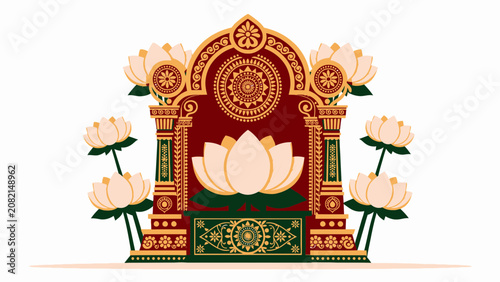 Traditional durga puja festival altar with lotus and ornate mandala