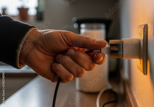 Close-up of hand plugging a charger into an outlet in a warm, dimly lit kitchen, symbolizing daily tech integration and connection.