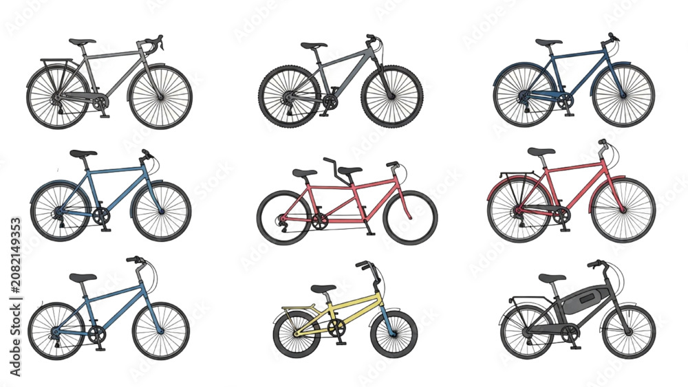 Obraz premium A 2D Vector Illustration of multiple bicycles in various colors and styles on display