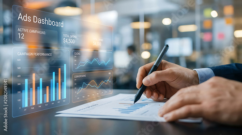 Businessman analyzing marketing performance with digital ads dashboard and holographic charts. Representing data analytics, advertising campaign optimization, and financial.