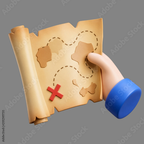 3D Render of a Cartoon Hand Holding a Vintage Treasure Map with Red X