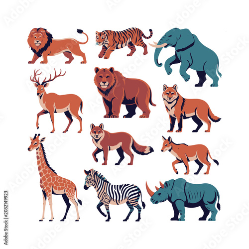 Photography Collection of diverse wild animals in a colorful flat illustration style Keyword