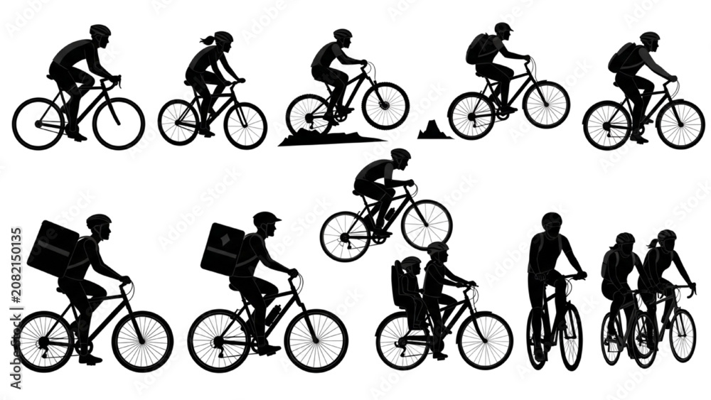 Obraz premium A 2D Vector Illustration of people riding bicycles in various motions
