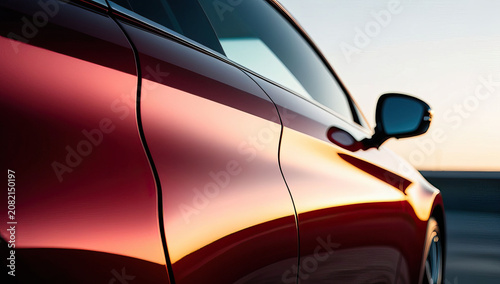 A close-up of a metallic red sports car body panel with glossy sunset reflections. premium vehicle exterior, automotive design, luxury styling details.