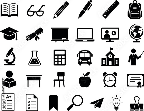 Konstfotografi Open book icon set,Minimalist black silhouette style,Educational icons featuring