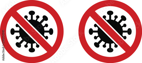 Tableau sur toile Anti virus prohibition warning sign vector set with black coronavirus bacteria cell silhouettes inside red stop symbols on white background