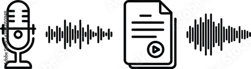 Canvastavla Audio transcription and voice recording vector concept with microphone sound waves and text document play icon on a white background
