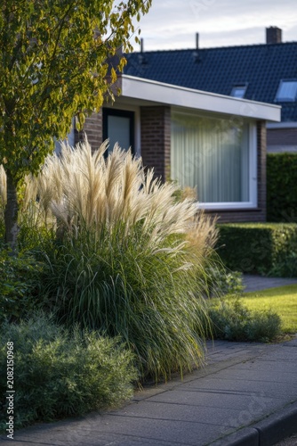 In the late afternoon, the warm sunlight casts a beautiful glow on the grass and various plants flourishing right in front of a charming house in a peaceful residential neighborhood